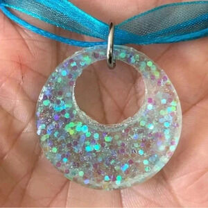 Light Blue Glitter Circle Resin Taffeta Ribbon Necklace Handmade